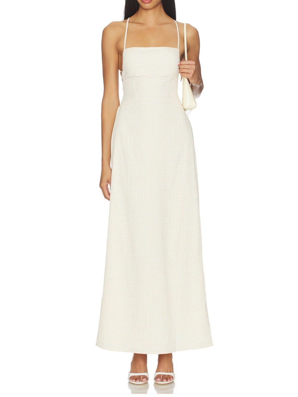 More to Come Cream Check Midi Dress with Spaghetti Straps